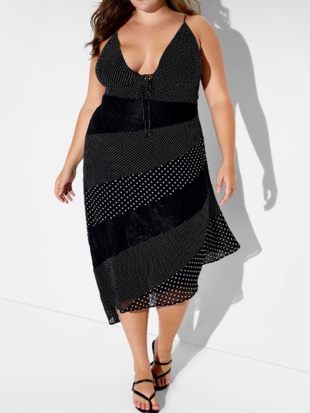 Beautiful Woman's Plus Size Black Polka Dot & Lace High Low Dress